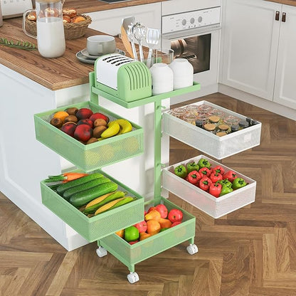 Rotating Kitchen Storage Rack No Assembly, Fruit Basket,Bathroom Storage Cart,Kitchen Organizers and Storage Cart on Rolling Wheels(Green White, 5 Tier-Square)
