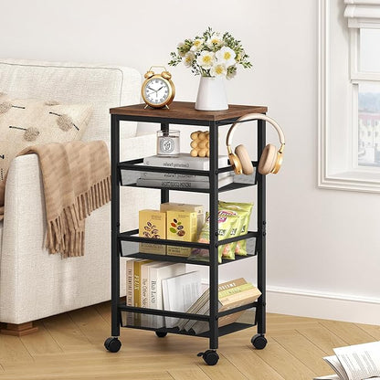 Hoctieon Rolling Storage Cart, 4-Tier Wide Panel Kitchen Storage Cart, Utility Carts with Handle & Wheels, Mobile Shelving Unit, Metal Frame Narrow Carts for Home Kitchen, Laundry, Rustic Brown