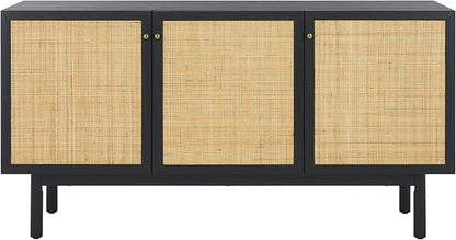 SAFAVIEH Aino TV Stand for up to 60" Flatscreen – Black with Rattan Mesh, 3 Doors with Interior Storage, Sideboard Cabinet, Entertainment Media Console (MED9618B)