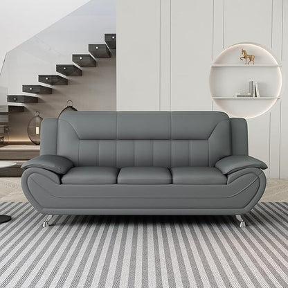 Container Furniture Direct Michael Modern Faux Leather Upholstered Stainless Steel Legs Living Room Sofa, Sleek Gray
