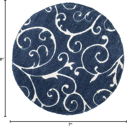SAFAVIEH Florida Shag Collection Area Rug - 6'7" Round, Dark Blue & Cream, Scroll Design, Non-Shedding & Easy Care, 1.2-inch Thick Ideal for High Traffic Areas in Living Room, Bedroom (SG455-6511)
