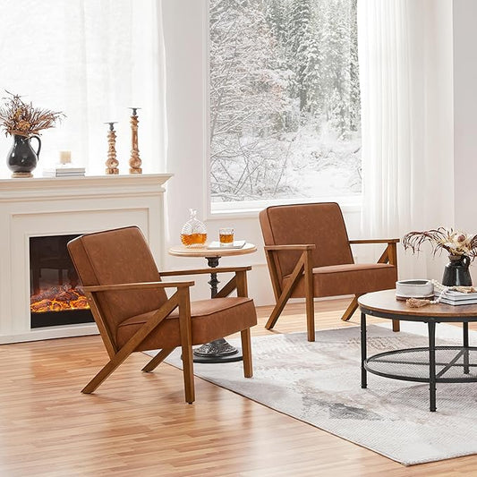 Yaheetech Accent Chair, Armchair with Strong Wood Frame, PU Leather Modern Retro Lounge Chair for Living Room/Lounge/Office/Reception Area, 2 Pieces, Light Brown