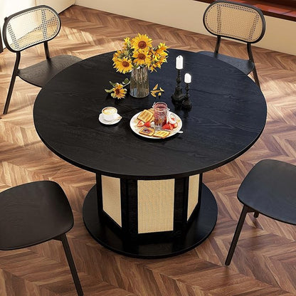 DWVO Round Dining Table for 4-6 People 47 Inch Farmhouse Kitchen Table with Rattan Circular Base Wooden Dinner Table for Dining Room Family Gathering, Black