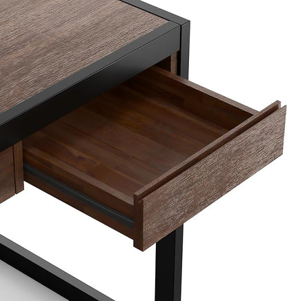 SIMPLIHOME Erina Desk - 60-Inch Wide Solid Acacia Wood and Metal Writing Desk in Distressed Charcoal Brown, Modern Industrial Home Office Computer Table for Study with 2 Drawers and Keyboard Tray