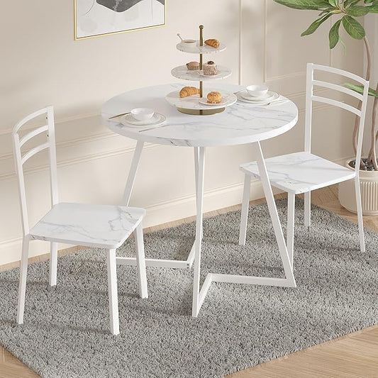 VECELO Small Round Dining Table Set for 2, Wood Tabletop with Strong Metal Frame, Modern Dinette with Chairs for Kitchen, Breakfast Nook Living Room, Faux Marbled & White