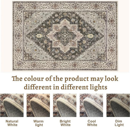 Tangsoo 3x5 Area Rug Vintage Washable Rugs Non Slip, Farmhouse Rugs Indoor Accent Rug Print Distressed Brown Grey Carpet, Soft Low Pile Rug for Living Room Bedside Entryway Bedroom