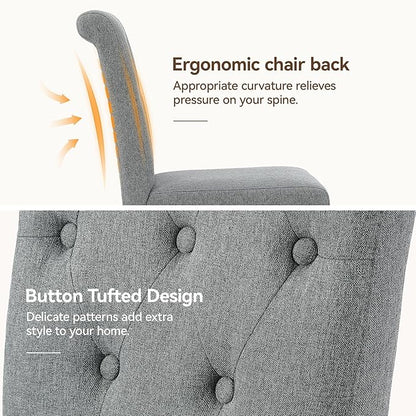 Upholstered Dining Chairs Set of 6, Button Tufted Parsons Dining Chair with Solid Wood Legs, Modern Fabric Side Chair for Dining Room/Kitchen/Restaurant/Hotel- Grey