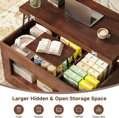 40" Lift Top Coffee Table, 4 in 1 Multi-Function Lift Coffee Table with Storage and Hidden Compartment, Convertible Coffee Tables to Dining Table for Living Room, Walnut