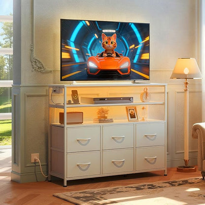 WLIVE White TV Stand for 40, 45 inch TV, Entertainment Center with LED Lights & Charging Station, TV Media Console Table with 6 Fabric Drawers and Open Shelves for Living Room, Hallway, Wood Top