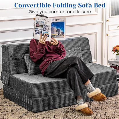 Folding Sofa Bed, Convertible Sleeper Chair with Pillow, High Density Memory Foam Fold Out Couch, Foldable Mattress Futon Sofa for Living Room/Dorm/Guest Use/Apartment/Home Office