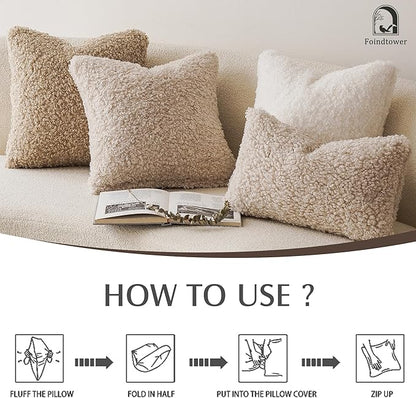 Foindtower 2 Pieces 16x16 Inch Light Khaki, Faux Fur Throw Pillow Cover Accent Sherpa Pillow Fuzzy Soft Pillowcases Sheepskin Decorative Fleece Cushion Case for Bed Couch Living Room