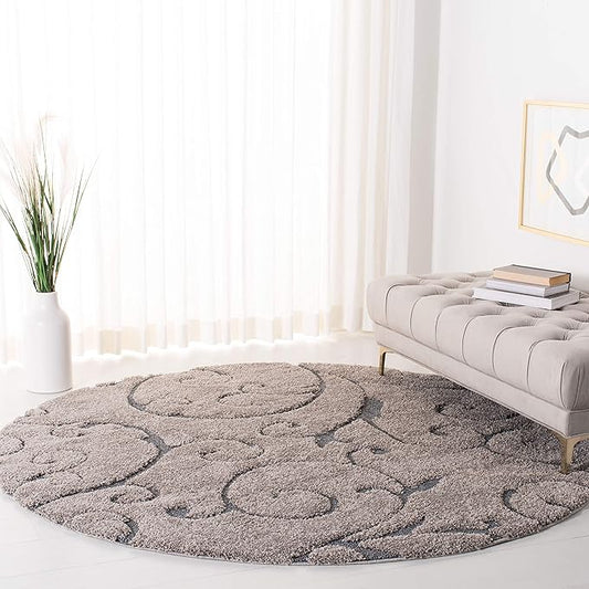 SAFAVIEH Florida Shag Collection Area Rug - 11' Round, Grey & Light Blue, Scroll Design, Non-Shedding & Easy Care, 1.2-inch Thick Ideal for High Traffic Areas in Living Room, Bedroom (SG455-1160)