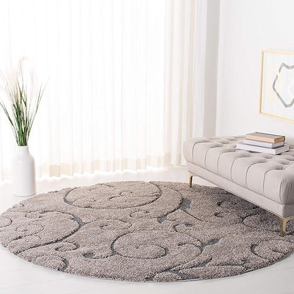 SAFAVIEH Florida Shag Collection 4' Round Grey/Light Blue SG455 Scrolling Vine Graceful Swirl Textured Non-Shedding Living Room Bedroom Dining Room Entryway Plush 1.2-inch Thick Area Rug