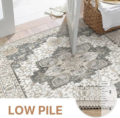 GENIMO 9x12 Area Rugs for Living Room, Non Slip Machine Washable Vintage Rugs, Low Pile Lightweight Chenille Print Large Rug for Bedroom, Dining Room, Home Office, Heathered Grey