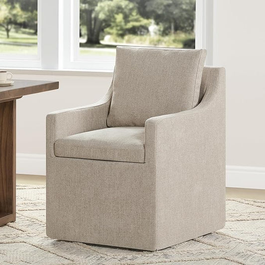 Upholstered Dining Chairs with Casters Easy Assembly Side Deskchair with Rollers for Diningroom, Living Room, Khaki, 1 Box