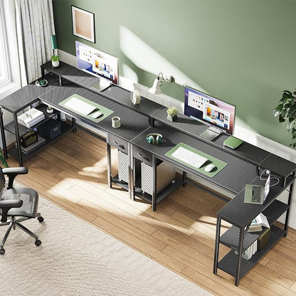 SUPERJARE 53 inch Reversible L Shaped Desk with LED Lights & Power Outlets, Computer Desk with Shelves & Monitor Stand, Gaming Desk with Drawer, Home Office Desk Corner Desk, Carbon Fiber Black