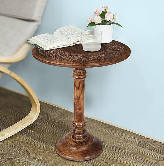 Lightnpro Hand-Carved Wooden Pillar Table - Rustic Accent Vintage Side End Table for Living Room, Entryway, Bedroom, Books, Plants, Lamps & Home Décor - Antique Burnt Finish, 18x22 Inch