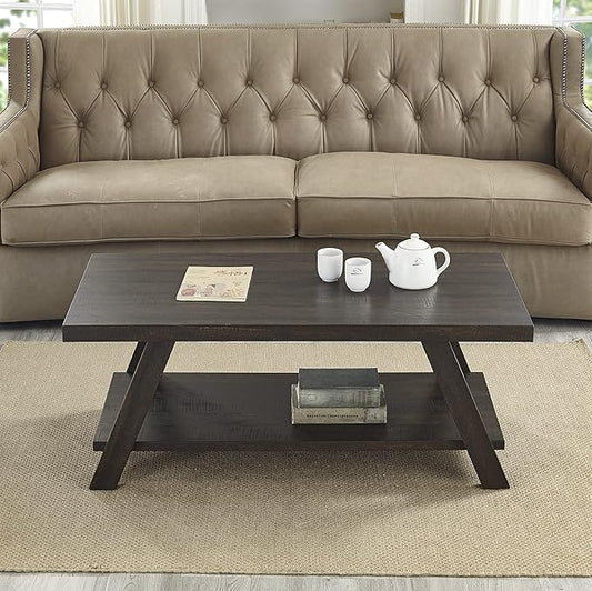 Roundhill Furniture Athens Contemporary Wood Shelf Coffee Table, Weathered Espresso