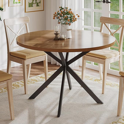 ChooChoo 47.2 Inch Round Dining Table for 4, Farmhouse Wood Kitchen Table, Circle Dinner Table for Kitchen & Dining Room, Walnut