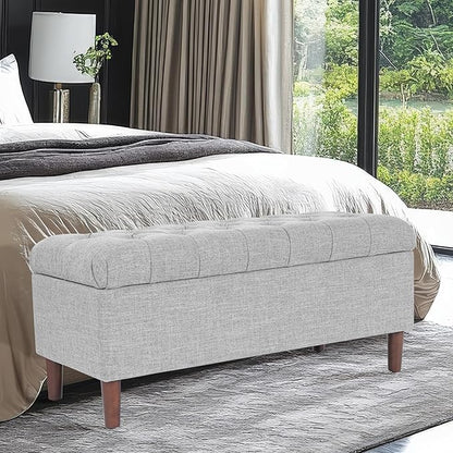HomePop Home Decor | Tufted Ainsley Button Storage Ottoman Bench with Hinged Lid | Ottoman Bench with Storage for Living Room & Bedroom,Gray Woven