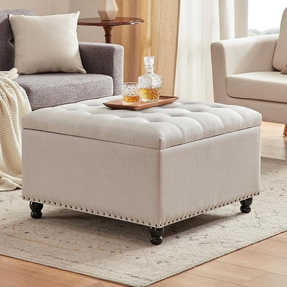 Tbfit Large Square Storage Ottoman Bench, Botton Tufted Upholstered Coffee Table with Wooden Legs, Oversized Storage Ottomans Toy Box Footrest for Living Room, Apartment, Beige