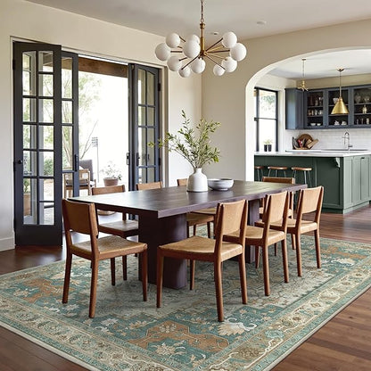 GENIMO 8x10 Area Rugs for Living Room, Machine Washable Non Slip Vintage Rugs, Low Pile Lightweight Chenille Print Rug for Bedroom, Dining Room, Home Office,Ash Blue