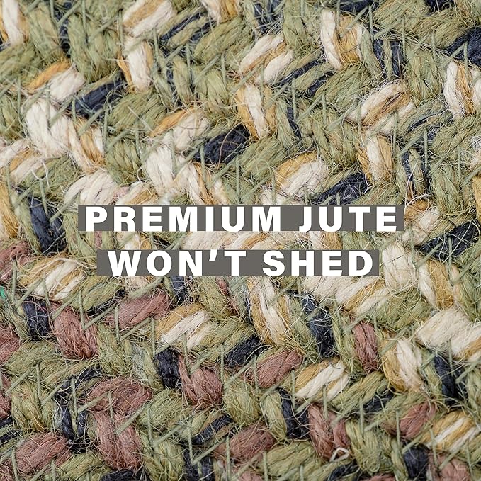 Homespice Pinecone Jute Braided Green Area Rug 4x6' - Rustic Braided Area Rug for Living Room and Dining Room