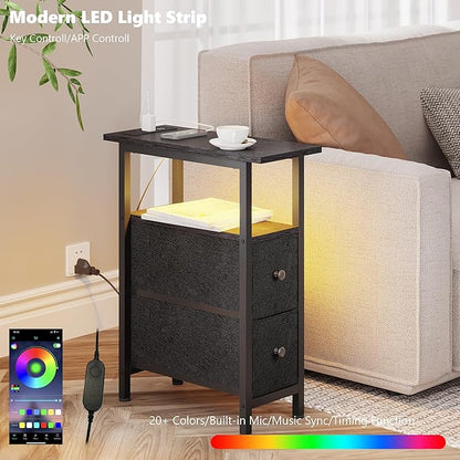 End Table with Charging Station, Narrow Side Table with 2 Fabric Drawers, Skinny Nightstand with LED Light, Slim Bedside Table for Bedroom, Living Room, Small Spaces, Black