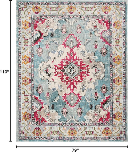 SAFAVIEH Monaco Collection Area Rug - 6'7" x 9'2", Light Blue & Fuchsia, Boho Chic Medallion Distressed Design, Non-Shedding & Easy Care, Ideal for High Traffic Areas in Living Room, Bedroom (MNC243J)