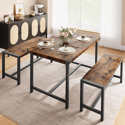 Dining Table Set for 4 with 2 Benches, 3-Piece Kitchen Table Set, Space-Saving Dining Set for Kitchen, Dining Room, Brown