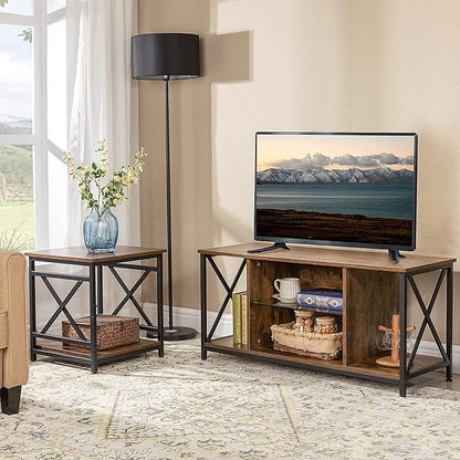 Industrial End Table Side Table with 2-Tier Storage Shelf, 18'' Square Nightstand Bedside Table X-Design Metal Frame for Living Room Bedroom, Rustic Brown