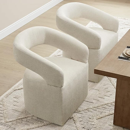 Upholstered Dining Chairs with Removable Casters Barrel Side Armchair with Rollers for Diningroom Bedroom Livingroom Reading Room, Cream Beige, 2PCS