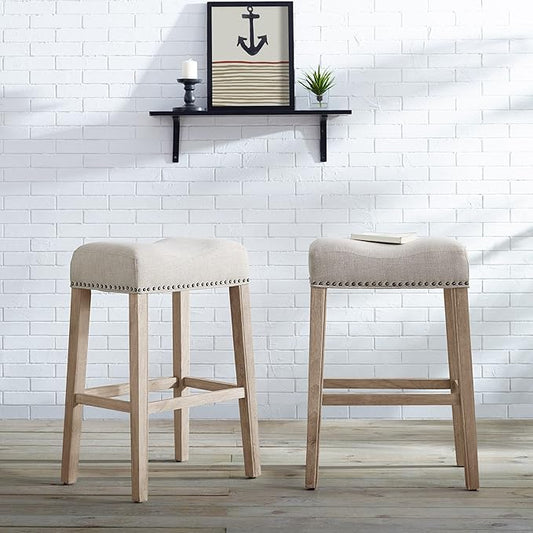 Roundhill Furniture Coco Upholstered Backless Saddle Seat Bar Stools 29" Height, Set of 2, Tan