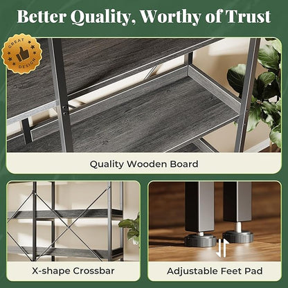 Huuger 5 Tier Bookshelf, Display Bookshelf with 10 Open Shelves and Raised Baffle, 47.2 Inch Straight Wide Bookcase with Metal Frame and Wooden Board, Adjustable Feet, Grey