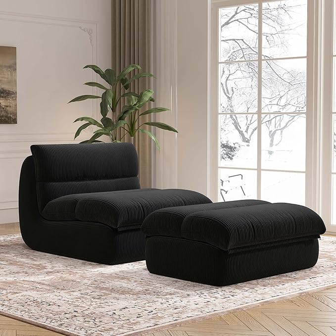 Bean Bag Chair with Ottoman, Cozy Comfy Reading Nook Chairs, Ultra Soft Corduroy Fabric Bean Bag Chairs for Adults, Reading Chair with Ottoman for Living Room, Bedroom Apartment (Black)