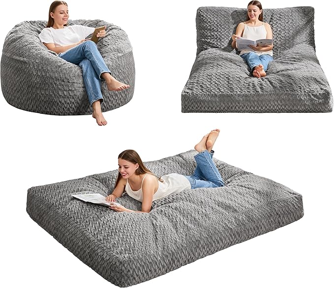 Hobestluk Bean Bag Chair Convertible Beanbag Chairs for Adults, 3 in 1 Bean Bags with Plush Chevron Cover, Adult Bean Bag Chair for Living Room, Bedroom (Grey, Full)