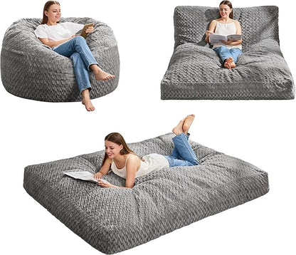 Hobestluk Bean Bag Chair Convertible Beanbag Chairs for Adults, 3 in 1 Bean Bags with Plush Chevron Cover, Adult Bean Bag Chair for Living Room, Bedroom (Grey, Full)