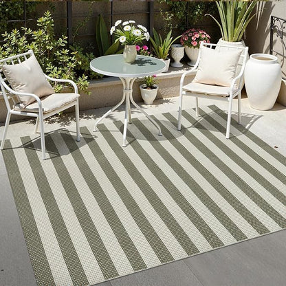 OJIA Outdoor Patio Rug 5'x7', Striped Rug Machine Washable Large Area Rugs Cotton Woven Thin Indoor Outdoor Rugs for Bedroom/Living Room/Front Porch/Deck/Backyard/Camping (Green/White/Tan)