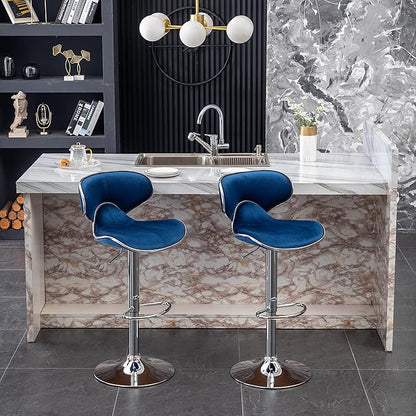 Roundhill Furniture Masaccio Velvet Upholstered Adjustable Swivel Barstool, Set of 2, Blue