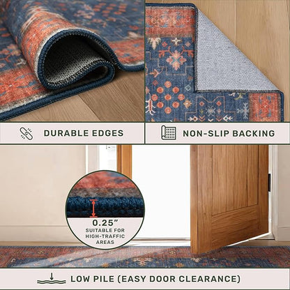 6x9 Dining Room Rugs for Under Table - Washable Area Rug for Living Room, Low Pile Non-Slip Rugs for Bedroom - Navy Blue & Terracotta Vintage Boho Eclectic Home Decor