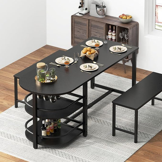 soges Dining Table for 4-6 Person, 71 inch Long Kitchen Dining Table for Living Room and Dining Room, Dinner Table with Storage Shelf & Cup Holder, Metal Legs(Only Table), Black