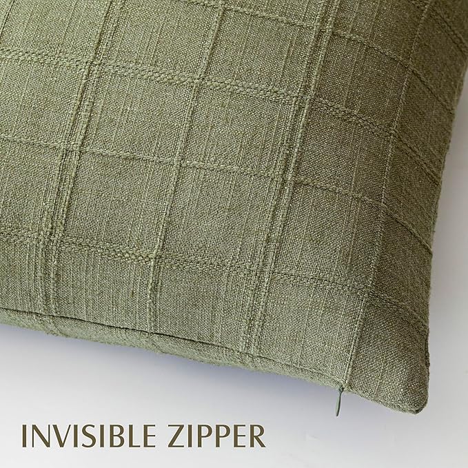 Foindtower Set of 2 Decorative Linen Check Throw Pillow Covers Neutral Farmhouse Vintage Cushion Covers Modern Boho Home Decor for Sofa Chair Couch Bedroom Living Room Outdoor,16×16 Inch,Sage Green