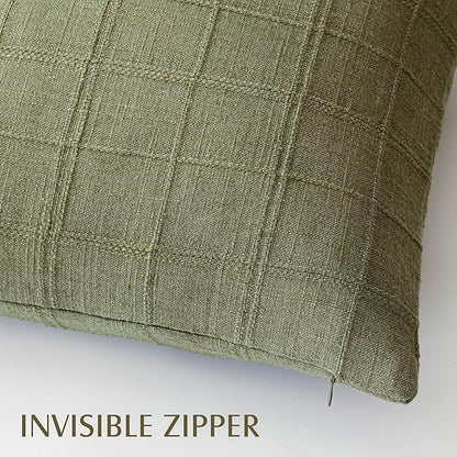 Foindtower Set of 2 Decorative Linen Check Throw Pillow Covers Neutral Farmhouse Vintage Cushion Covers Modern Boho Home Decor for Sofa Chair Couch Bedroom Living Room Outdoor,16×16 Inch,Sage Green