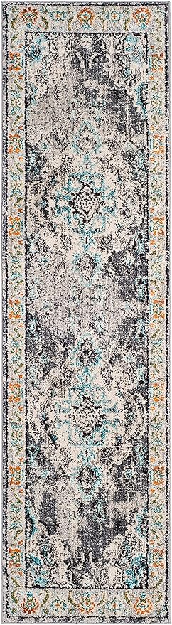 SAFAVIEH Monaco Collection Runner Rug - 2'2" x 16', Grey & Light Blue, Boho Chic Medallion Distressed Design, Non-Shedding & Easy Care, Ideal for High Traffic Areas in Living Room, Bedroom (MNC243G)