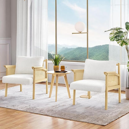 Yaheetech Accent Boucle Vanity Chair with Rattan Back Arms, Mid Century Upholstered Living Room Lounge Chair Bedroom Balcony White 2 PCS