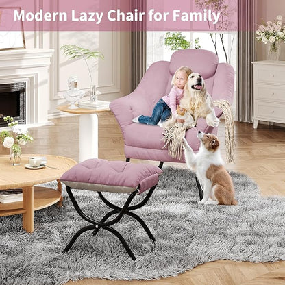 IDEALHOUSE Lazy Chair with Ottoman - Modern Living Room Chairs for Small Spaces, Ergonomic Reading Chair with Armrests, Comfy Chair with Ottoman for Bedroom & Living Room, Pink