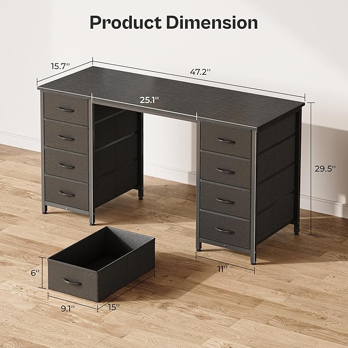 Huuger 47 Inch Computer Desk with 8 Fabric Drawers, Office Desk Work Desk for Home Office, Study, Gaming Desk with Drawers, Large Storage, Black