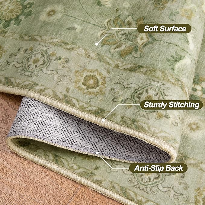 Tangsoo 2x5 Washable Runner Rug for Hallways, Non Slip Floral Vintage Runner Rugs, Soft Low Pile Long Rug, Print Distressed Green Carpet Runners for Kitchen Bedroom Entryway Bathroom Living Room