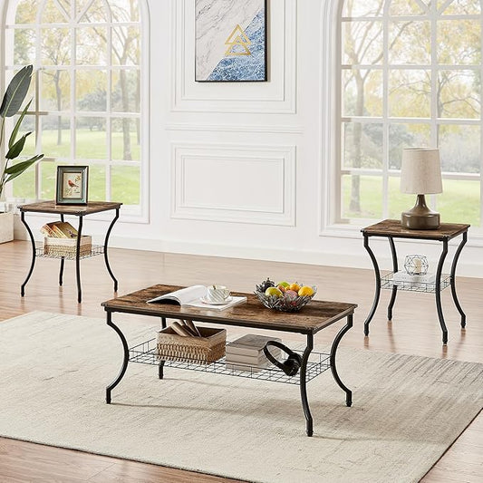 VECELO 3 Pieces Living Room Table Sets, Coffee and End Tables with Open Storage Shelves for Apartment, Home Office, Small Space, Easy Assembly, Brown