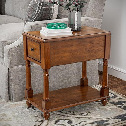 LEEMTORIG Set of 2 Solid Wood End Table Narrow Side Table with Drawer, Cherry Wood End Table Living Room, 13" W Slim Bedside Table, 22" D x 22.3" H, No-Tools Assembly, Beeswax Brown BBJ-004-DR